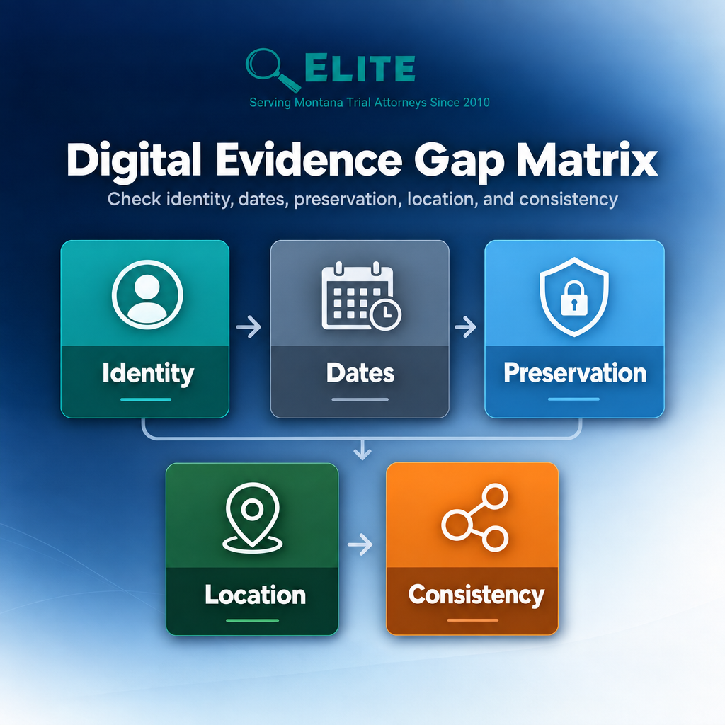Digital evidence review matrix showing preservation, identity, timing, and location checks
