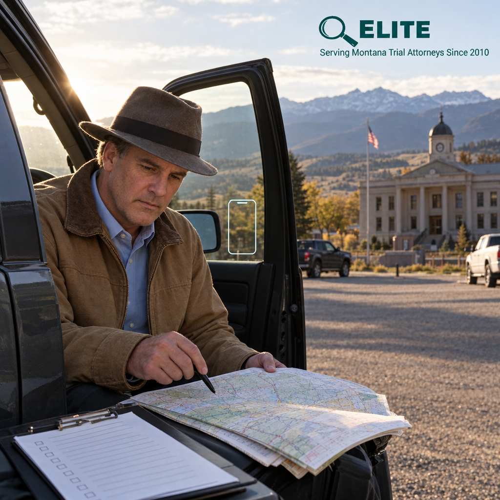 Legal investigator reviewing a rural witness-location route near a courthouse