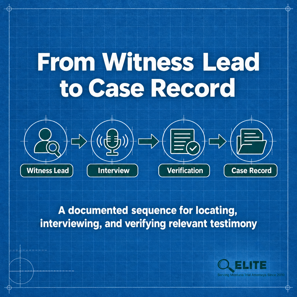Timeline graphic connecting witness location, interview, verification, and defense preparation