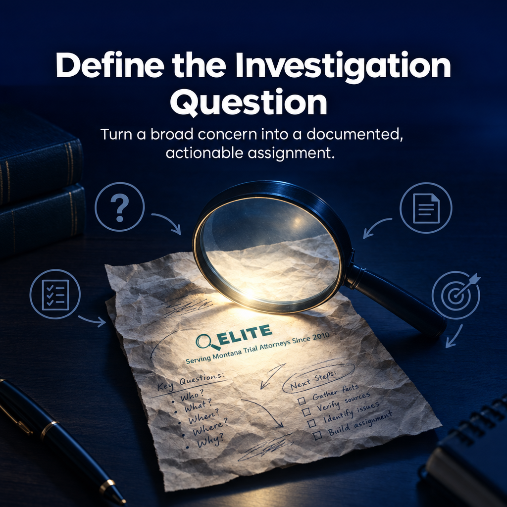 Infographic showing a focused process for defining criminal defense investigation assignments