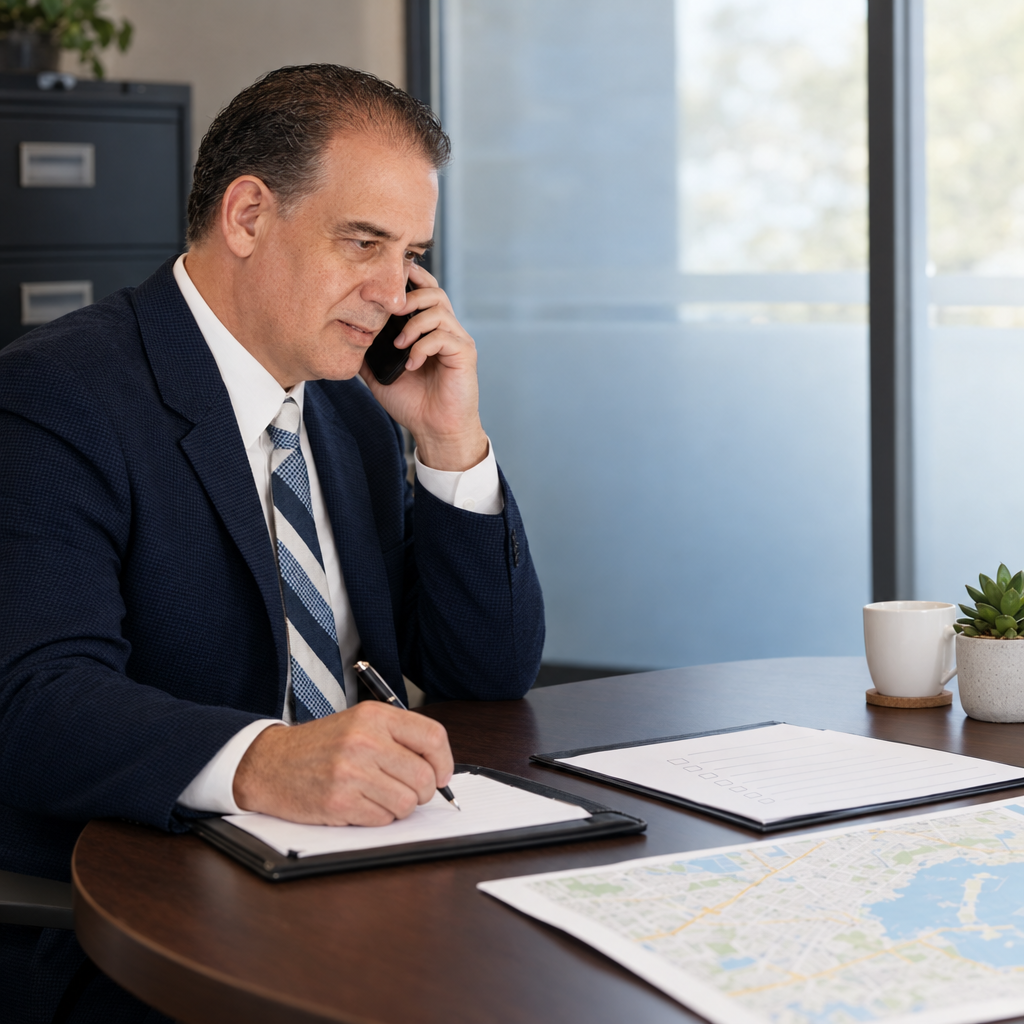 Investigator conducting a structured client intake beside a checklist and consent forms