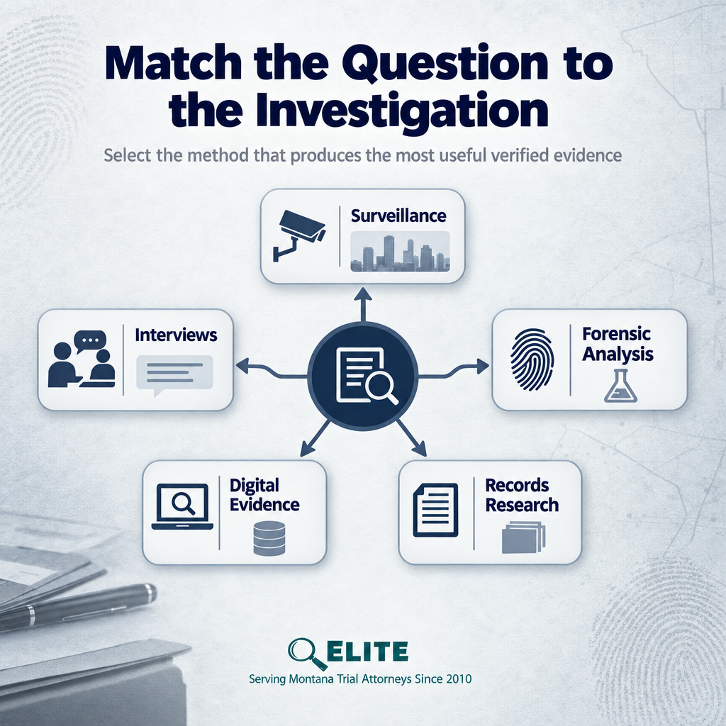 Decision path matching legal questions with witness, records, surveillance, and field investigation services