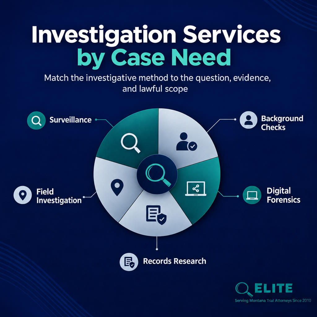 Diagram of investigative service categories supporting legal casework