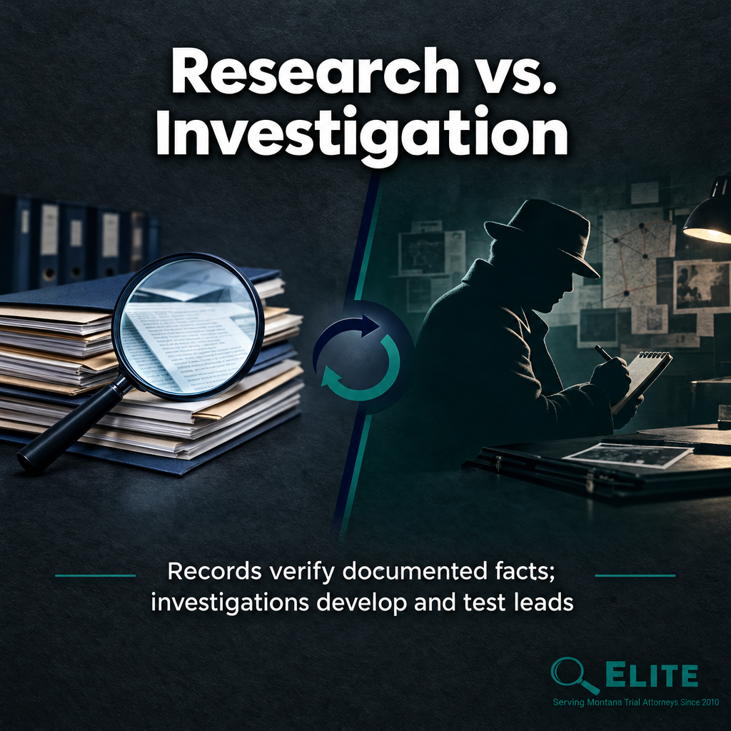 Infographic comparing public records research with professional investigation across evidence sources and methods