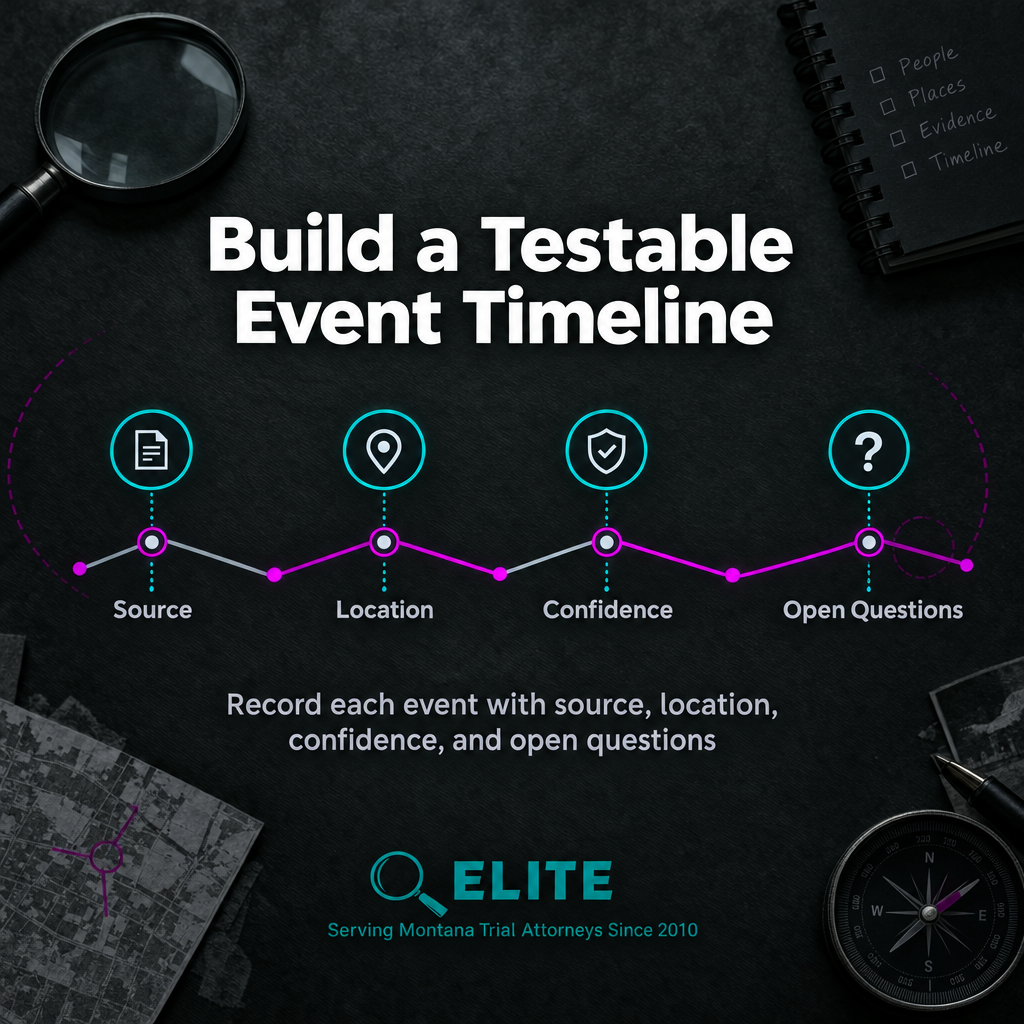 Timeline documentation framework showing dates, sources, locations, confidence, and open questions