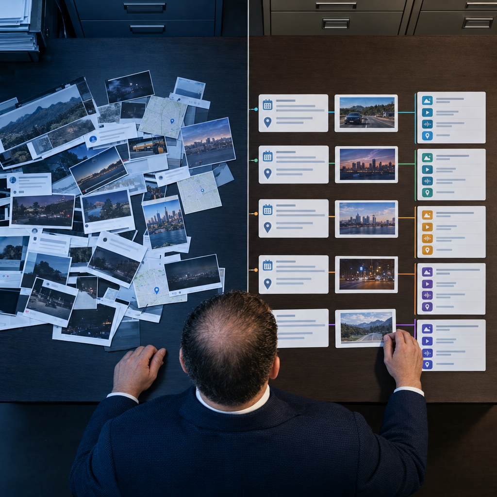 Before-and-after comparison showing scattered digital clues organized into verified events