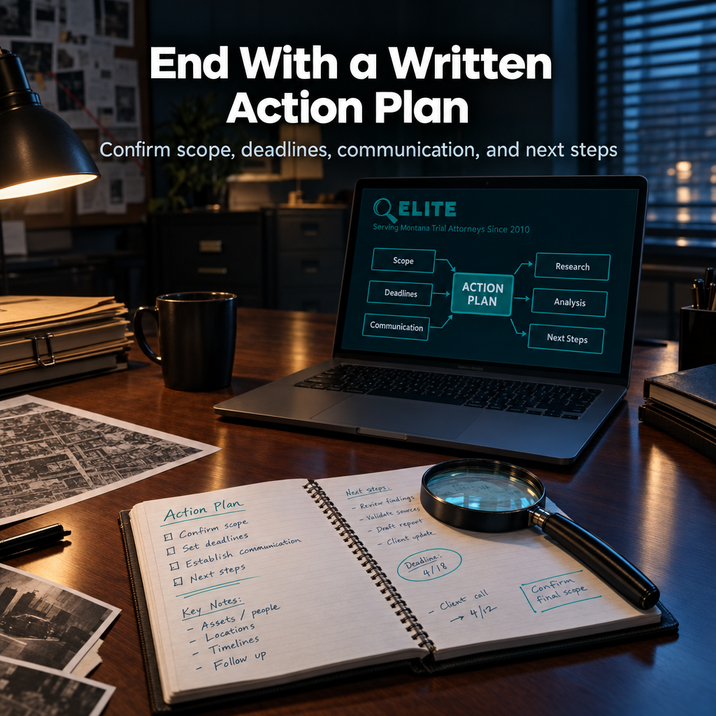 Action plan graphic showing objectives, scope, deadlines, communication, and next steps