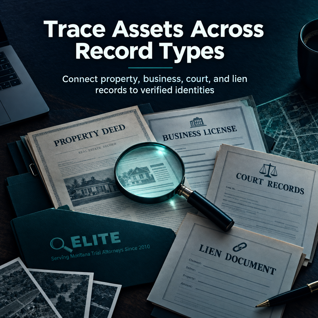 Four-part diagram showing public record categories used to identify possible assets