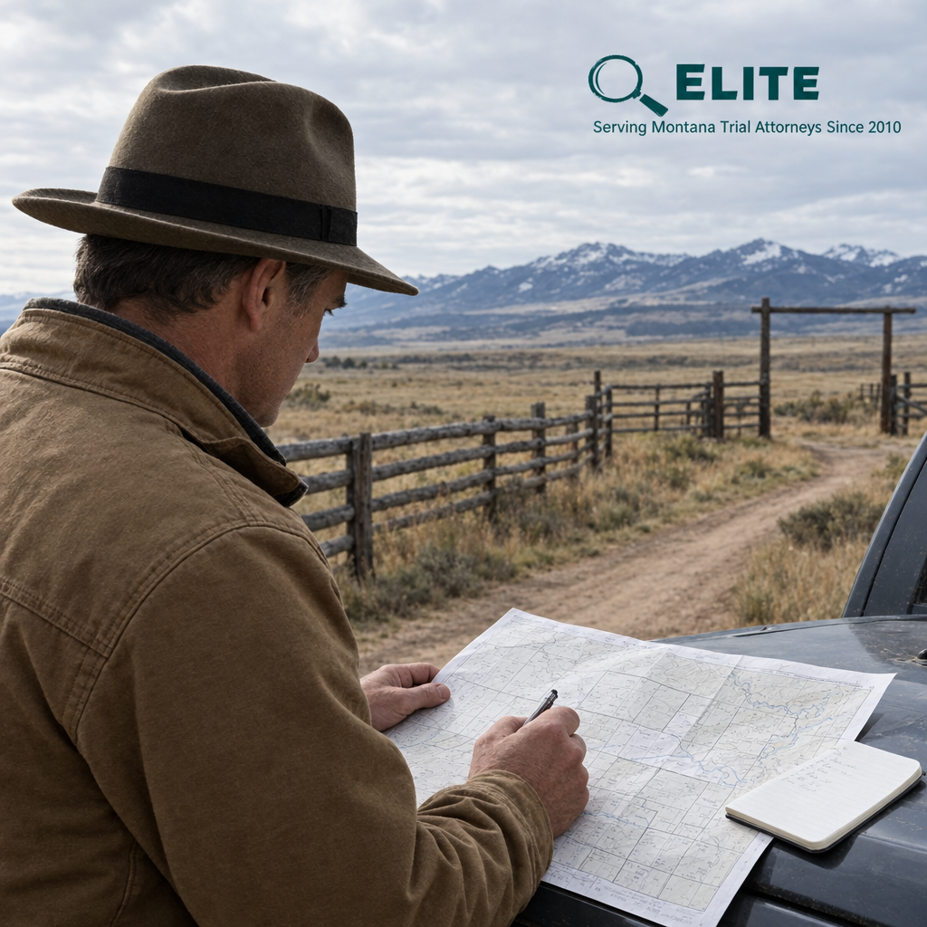 Researcher examining a rural Wyoming parcel map near a fenced ranch property